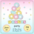 Donut party invitation card with donuts. ÃÂ Invitation card for birthday celebration. Web design or printing. Invitation to a party